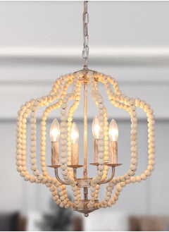 Buy Modern Chandelier Light Fixture, 4-Lights Wood Beaded Boho Pedant Lighting Vintage Farmhouse Orb Chandelier Ceiling Light Fixture for Dining Room Kitchen Bedroom Foyer Entryway in UAE