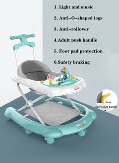 Buy Multifunctional Sit-On Anti-O-Leg Rollover Baby Walker Stroller With Music Box, Long And Short Push Handle, And Foot Pad - Green in Saudi Arabia