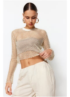 Buy Beige Lurex Mesh Relaxed Cut Crew Neck Crop Knitted Blouse TWOSS23BZ00523 in Egypt