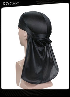 اشتري New Style Soild Pattern Silk Durag Satin for Men Pirate Caps Long Tail Decoration Head Wrap Elastic Beanie Hats Waves Hijab Black في الامارات