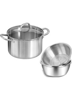 اشتري Stainless Steel Stockpot sauce pot with Glass Lid Deep Cooking Pot-With A Stainless Steel Mixing Bowl and a water filter basin(7L) في السعودية