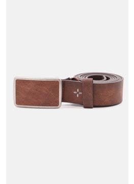 Buy Men Leather Plaque Buckle Belt, Brown in Saudi Arabia