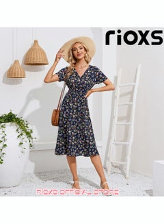 Buy Women's V Neck Short Sleeve Chiffon Summer Beach Dress Floral Printed A-Line Casual Elastic Waist Midi Dress in UAE