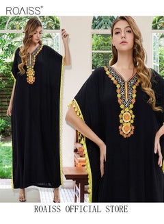 Buy Women's T-Shirt Dress Long Robe Casual Traditional Ethnic Dress Loose Short Sleeve V Neck Floral Printing Ladies Dresses for Spring Summer Daily Wear Black in UAE