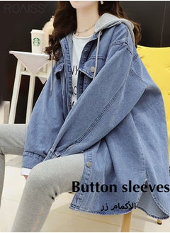 Buy Women's Fashion Hooded Jean Jacket Casual Loose Button Open And Close Coat Detachable Hat Windproof Top in UAE