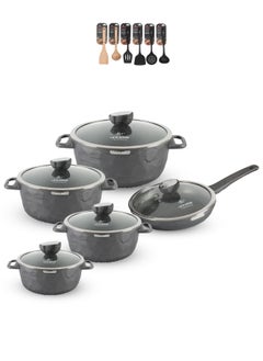 اشتري 16Pcs Granite Coated Healthy Cookware Set - Aluminum Cooking Casserrole Set Inclued Casserole (20, 24, 28, 32CM)  French Frying Pan 28CM & Nylon Wooden Tools - 100% PFOA Free في الامارات