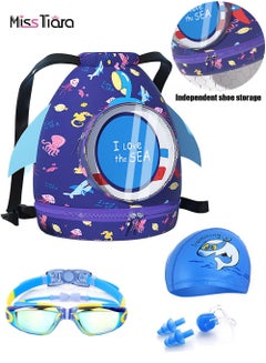 Buy 4 piece Kids Gear Bag Swimming Goggles Cap Set Drawstring Wet And Dry Separate Swim Bag For Girls And Boys With Swimming Cap Swimming Goggles Ear Plugs And Nose Clip in UAE