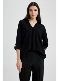 Buy Woman Regular Fit Tipped Neck Woven Long Sleeve Blouse in Egypt