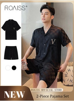 Buy 2-Piece Set Men's Short Sleeves Pajamas Set Pants Sleepwear Satin Grid Printing Silk Male Loose Shirts Spring Summer Thin Loungewear Home Clothes Black in UAE