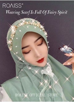 اشتري Women Chiffon Hijab Muslim Casual Scarf Floral Pearl Turban for Ladies Beading Decoration Versatile All Seasons Wearable Traditional Wear Hijab في الامارات