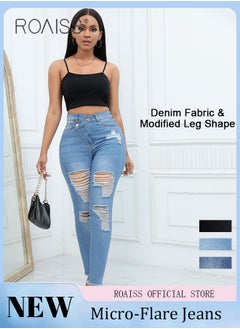 Buy Plus Size Women Denim Pants Solid Color Skinny Fit Distressed Jeans Leg Flattering Design Fashionable and Versatile Suitable for School and Commuting in UAE