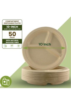 Buy Ecoway [10 Inch - Pack Of 50] Disposable 3 Compartment Plates Made With Bagasse Sugar Canes Microwave & Freeze Safe, Compostable & Biodegradable Dinner Plates, Everyday Tableware Strong & Large Brown in UAE
