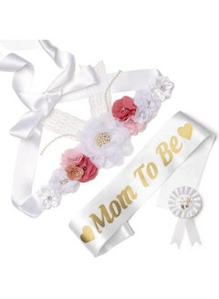 اشتري Baby Shower Maternity Sash Belly Belt Mom To Be & Dad To Be Button Pin Pregnancy Maternity Flower Sash Belt For Gender Reveal (White) في الامارات