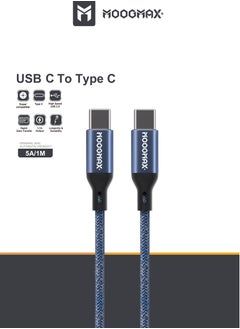 Buy Type-C to Type-C Fabric Braided nylon Cable 1M  with capacity up to 100W supports fast charging and suitable for iPhone 15 series ,Samsung  devices, Huawei devices, Xiaomi and other devices-blue in Saudi Arabia