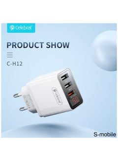 Buy Celebrat C-H12-EU Triple USB Ports Fast Travel Charger With USB To Lightning Charging Cable And Led Digital Display Screen Fits Various Smart Devices 30W - White in Egypt