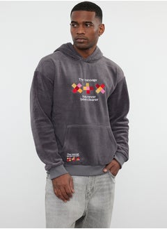 Buy Anthracite Relaxed Fit Hooded Long Sleeve Kangaroo Pocket Embroidered Sweatshirt TMNAW23SW00266 in Egypt