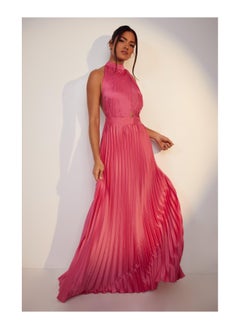 Buy Pleated Satin Halterneck Maxi Dress in UAE