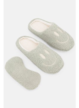 Buy Women Embroidered Slip On Slippers With Eye Mask, Light Green in Saudi Arabia