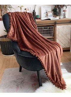 Buy Flannel Blanket with Pompom Fringe Lightweight Cozy Bed Blanket Soft Throw Blanket fit Couch Sofa Suitable for All Season (130x150 CM) (Brown) in Saudi Arabia