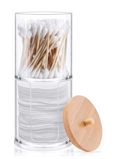 Buy Acrylic Cotton Round Pad Holder and Qtip Holder Dispenser Set with Bamboo Lid, Stackable Clear Plastic Bathroom Vanity Organizer for Makeup Cotton Pad Swab Ball in UAE