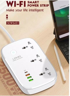 اشتري SCW3451 Smart Wi-Fi Power Extension Cord With 3 Sockets USB-C PD Quick Charge Port 2 USB-A And 1 QC3.0 Works With Smart App Universal Power Sockets With UK 3 Pin Plug for Home/School/Office في الامارات