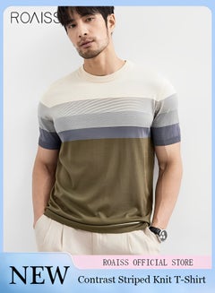 Buy Men's Casual Contrast Striped Knitted T-Shirt Lightweight And Breathable Gradient Fashion Versatile Short Sleeved Round Neck Top in UAE
