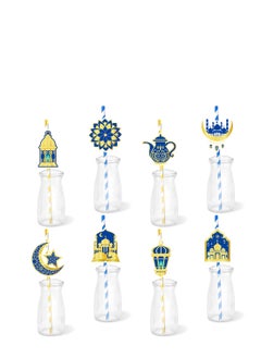 اشتري 24 Pcs Eid Mubarak Striped Decorative Straws,100% Biodegradable Decorate Straws,Disposable Ramadan Eid Theme Party Straws with Moon Stars Castle Stickers في السعودية