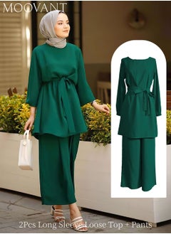 اشتري 2Pcs Fashion Abayas Dress For Women Muslim Long Sleeve Loose Top Pants Dubai Islamic Muslim Women Matching Set Green في السعودية