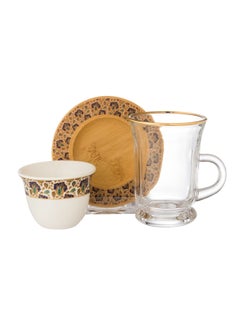 Buy 18-Piece Tea And Coffee Set Consisting of 6 Glass Tea Cups + 6 Wooden Saucers + 6 Porcelain Coffee cups in Saudi Arabia