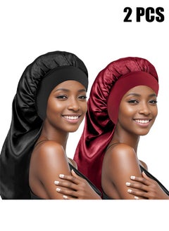 Buy 2 Pcs Satin Bonnet Sleep Cap Silk for Natural Hair Long Extra Large Bonnets Women Night Wide Elastic Band Very Soft Comfortable (Black+Red) in UAE