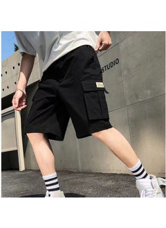 Buy Unisex Black Khaki Cargo Shorts Loose Summer Fold pants (black) in Saudi Arabia