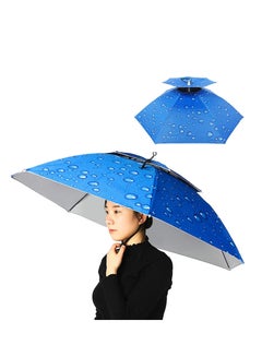 Buy Double Layer Umbrella Hat Women Men Folding Sun Rain Cap with Adjustable Head Band for Fishing Camping Hiking Blue One Size in UAE