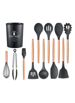 Buy Cooking utensil Set 12Pcs - 446°F Heat Resistant, Wooden Handle, Turner Tongs, Spatula, Spoon, Brush, Whisk, Gray Gadgets with Holder for Nonstick Cookware in UAE