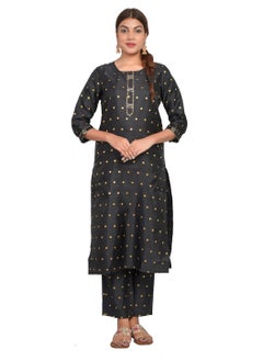 Buy Women Black Kurti with Pant Set 3/4 Sleeves Suitable for Casual Wear and Fusion Wear Art Silk (Taffeta Booty) XXL in UAE