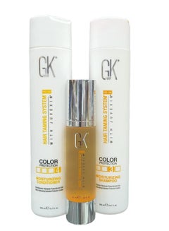 Buy GK Hair Moisturizing Shampoo and Conditioner Set 300ml and Serum 50ml for Colored or Dry, Stubborn and Coarse Frizzy Hair in Saudi Arabia