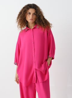 Buy Women's Viscose Short sleeves shirt adorned with crystals Regular Fit Pink in UAE