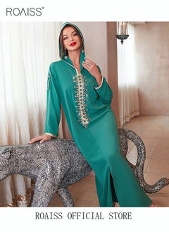 Buy Women Luxury Hooded Maxi Dresses Modern Stylish Abaya Hand Sewn Floral Drill Beading Dress Middle East Arabic Banquet Wedding Party Dress Long Sleeve All Season Women's Clothing Green in Saudi Arabia