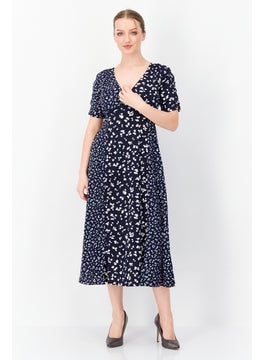 Buy Women Floral Print Midi Dress, Navy Blue/Beige in UAE