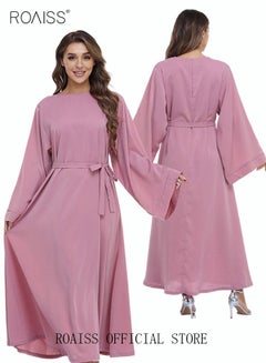 Buy Maxi Dress for Women Solid Color Long Sleeve Dress Round Neck Casual Plus Size Loose Long Dresses Flared Sleeve Lace-up Long Dress with Waist Belt for Fall Winter Pink in Saudi Arabia