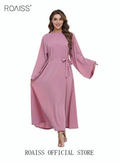 Buy Maxi Dress for Women Solid Color Long Sleeve Dress Round Neck Casual Plus Size Loose Long Dresses Flared Sleeve Lace-up Long Dress with Waist Belt for Fall Winter Pink in UAE