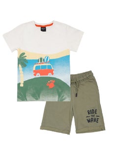 Buy Urbasy Kids Boys Printed Round Neck Ivory T-Shirt With olive Shorts in UAE