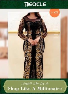 Buy Women's Waist Slimming Dress Gold Floral Printed Long-sleeved Dress with Large Hem Made of High-quality Mesh Best for Party Prom & Cocktail Party in UAE