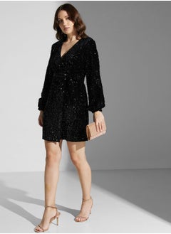 Buy Surplice Neck Sequin Dress in UAE