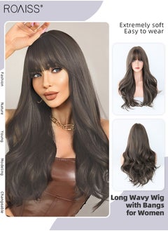 اشتري Long Wavy Wig with Bangs for Women, Natural Soft Synthetic Heat Resistant Hair Wig for Wedding Cosplay Party Daily Wear, Dark Ash Brown, 65cm (26 inches) في السعودية