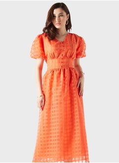 Buy Mesh Puff Sleeve Button Detail Dress in Saudi Arabia