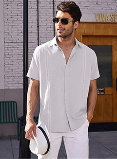 Buy Men's Summer Loose Shirt Cotton Linen Button-Up Top Short Sleeve V-Neck Henley Shirts Casual Comfort Beach Shirt in Saudi Arabia