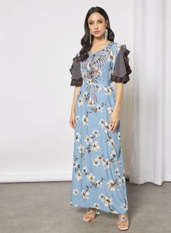 Buy Jalabiya With Floral Embroidery In Front And Has Short Sleeves With Belt in Saudi Arabia