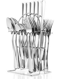 Buy Cutlery and Spoon Cutlery Set Stainless Steel Cutlery 6 Piece Set 24 Piece Silver Cutlery Set with Stand Mirror Polished Cutlery Set Silver in UAE