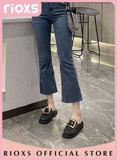 Buy Women's Fashion Black Flat Mules With Square Gold Metal Buckle Decor Square Toe Leather Slip-on Backless Mule Shoes in UAE