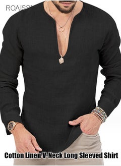 اشتري Men's Cotton Linen Henley Shirt Long Sleeve Hippie Casual Beach T Shirts في الامارات